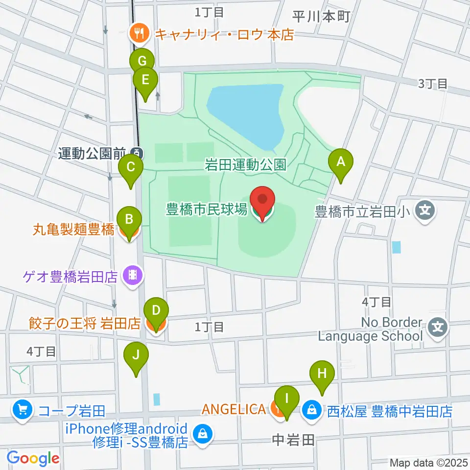 豊橋市民球場周辺のファミレス・ファーストフード一覧地図