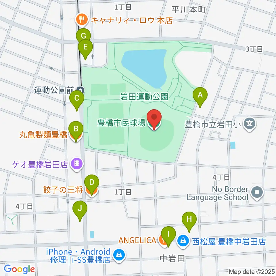 豊橋市民球場周辺のファミレス・ファーストフード一覧地図