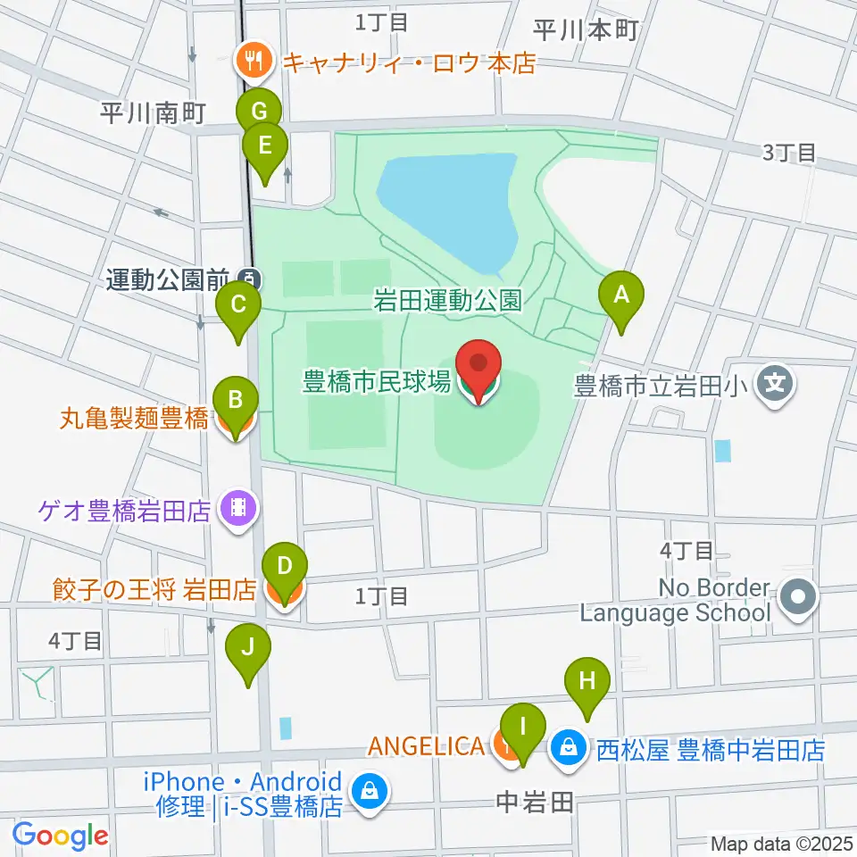 豊橋市民球場周辺のファミレス・ファーストフード一覧地図