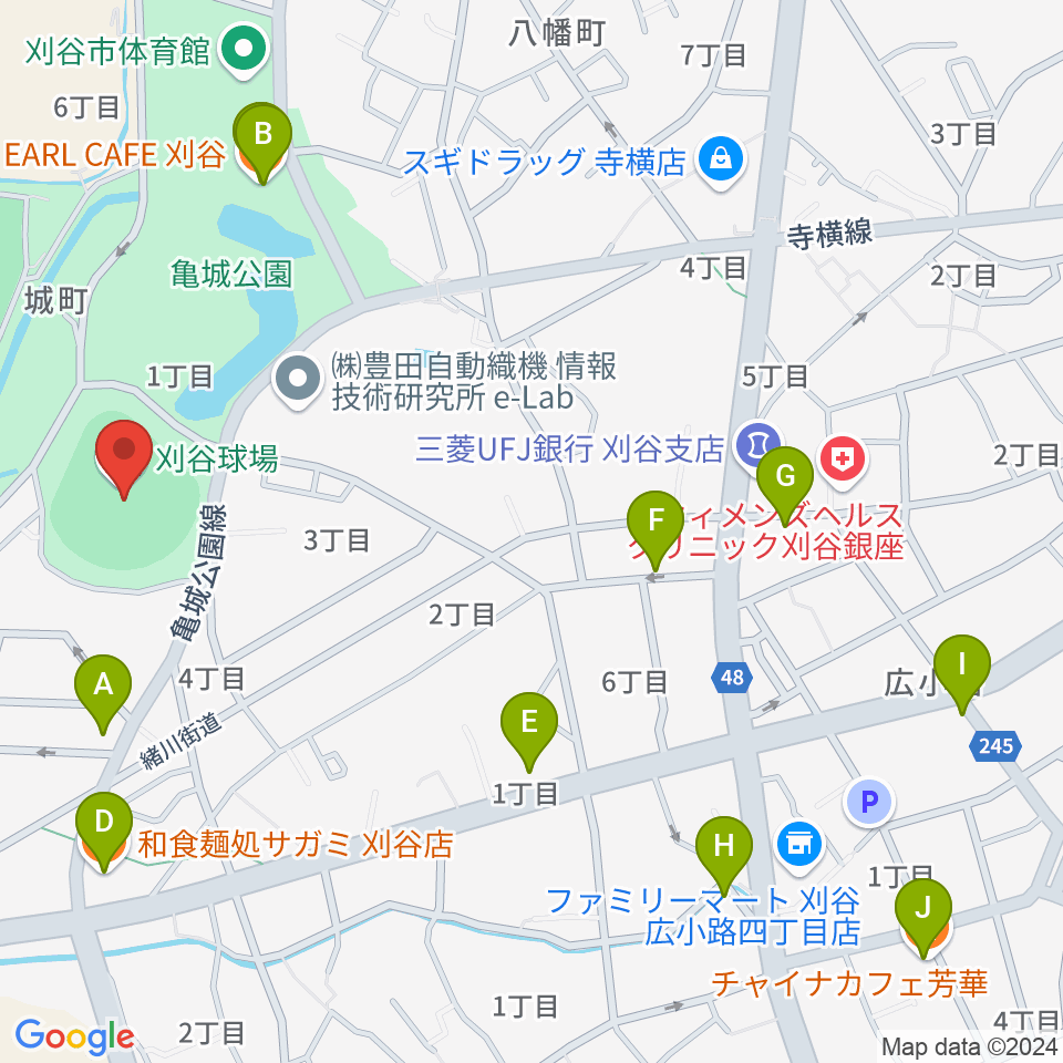 刈谷球場周辺のファミレス・ファーストフード一覧地図