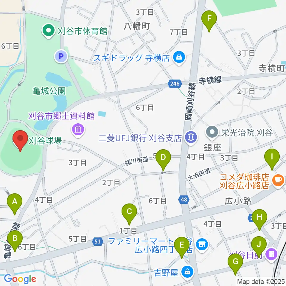 刈谷球場周辺のファミレス・ファーストフード一覧地図
