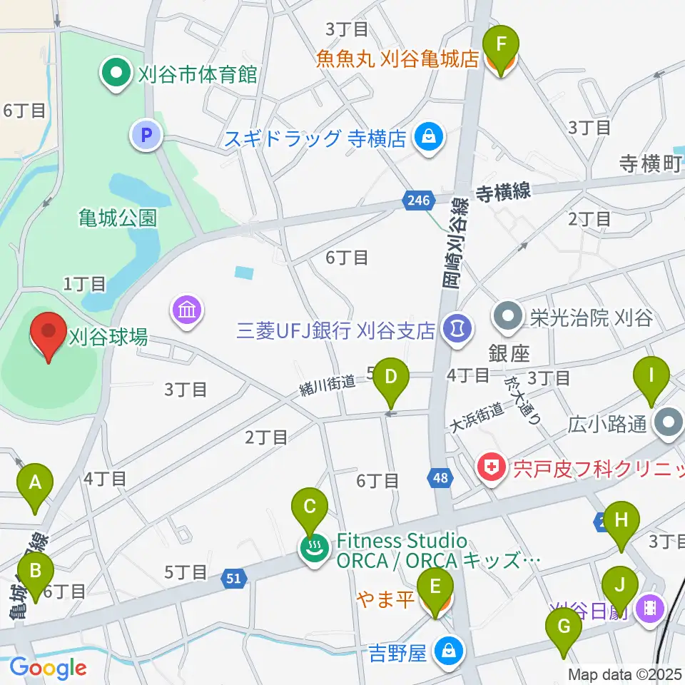 刈谷球場周辺のファミレス・ファーストフード一覧地図