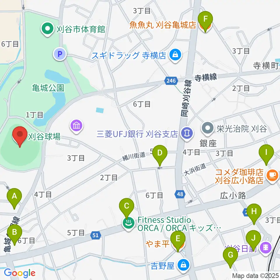 刈谷球場周辺のファミレス・ファーストフード一覧地図