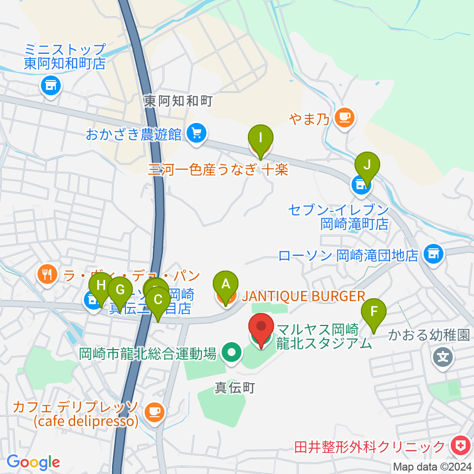 マルヤス岡崎龍北スタジアム周辺のファミレス・ファーストフード一覧地図