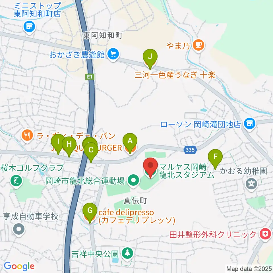 マルヤス岡崎龍北スタジアム周辺のファミレス・ファーストフード一覧地図