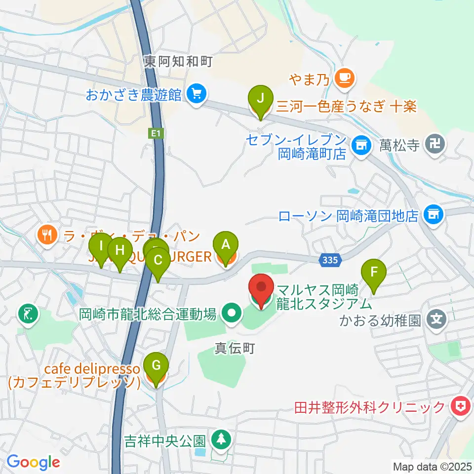 マルヤス岡崎龍北スタジアム周辺のファミレス・ファーストフード一覧地図