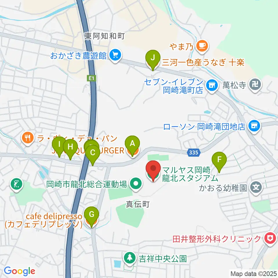 マルヤス岡崎龍北スタジアム周辺のファミレス・ファーストフード一覧地図