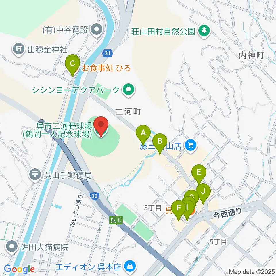 鶴岡一人記念球場周辺のファミレス・ファーストフード一覧地図