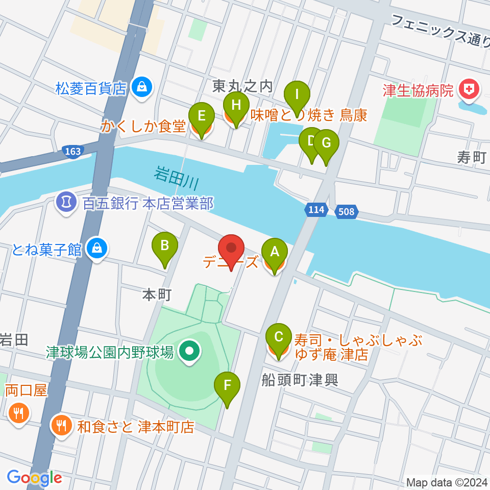 津球場公園内野球場周辺のファミレス・ファーストフード一覧地図