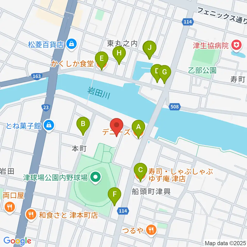 津球場公園内野球場周辺のファミレス・ファーストフード一覧地図