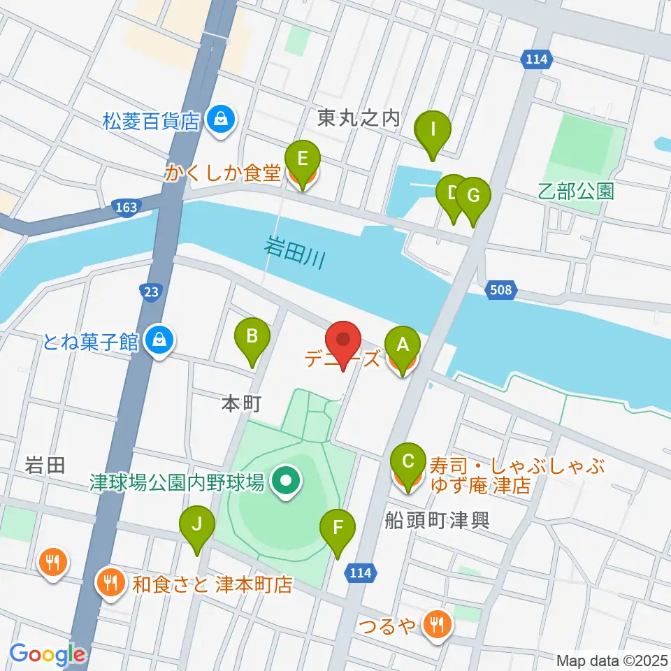 津球場公園内野球場周辺のファミレス・ファーストフード一覧地図