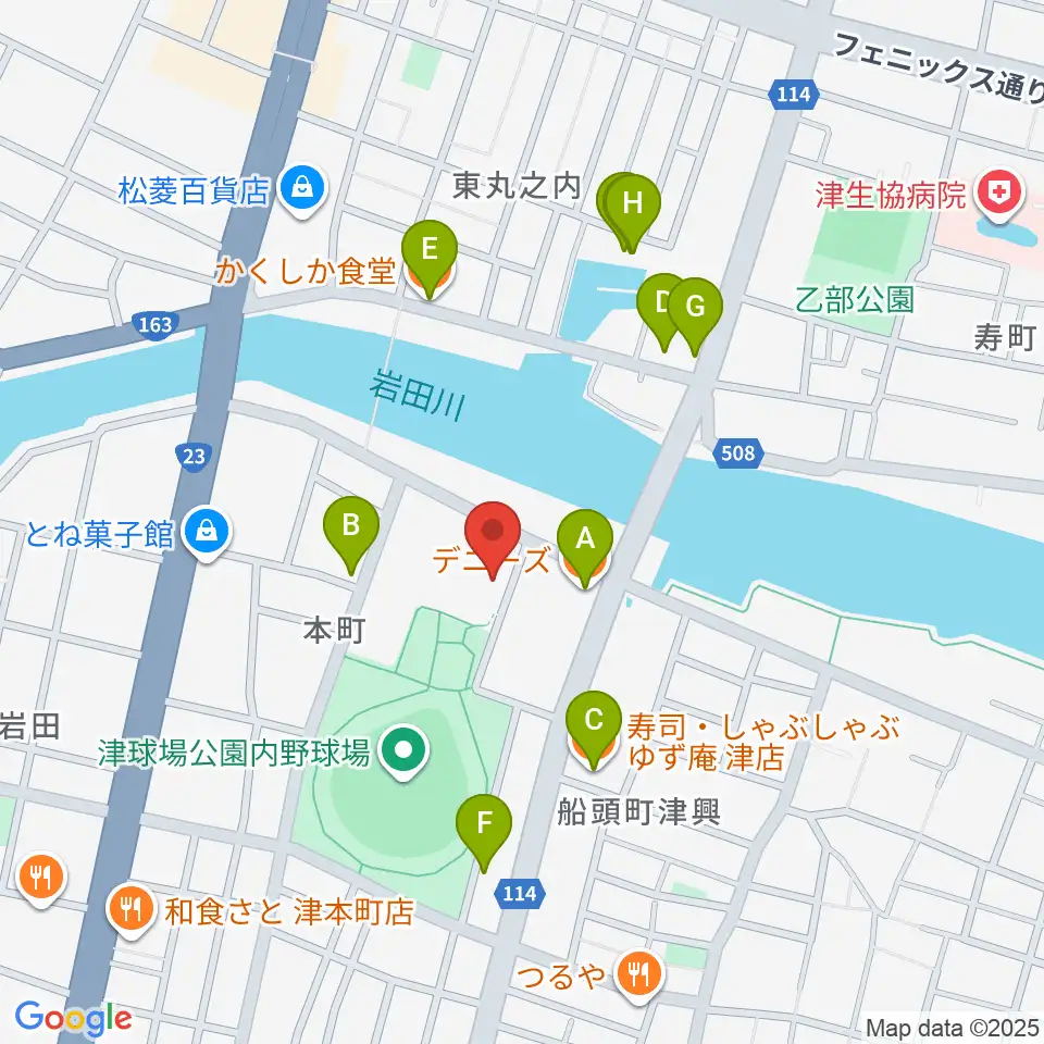 津球場公園内野球場周辺のファミレス・ファーストフード一覧地図