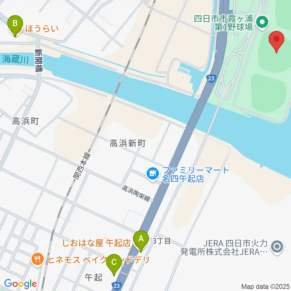 四日市市営霞ヶ浦第一野球場周辺のファミレス・ファーストフード一覧地図