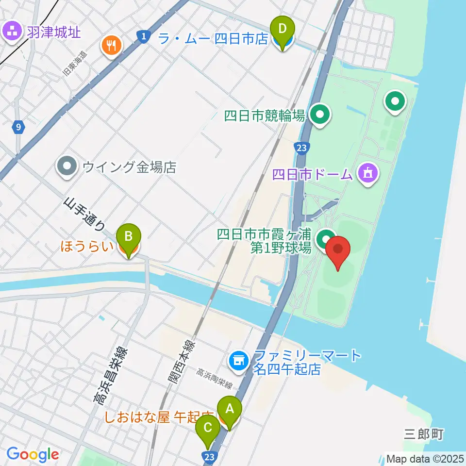 四日市市営霞ヶ浦第一野球場周辺のファミレス・ファーストフード一覧地図