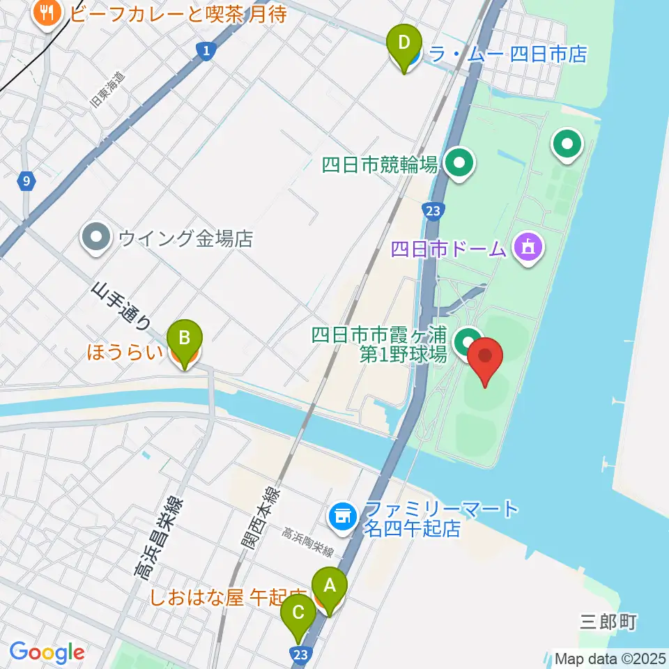 四日市市営霞ヶ浦第一野球場周辺のファミレス・ファーストフード一覧地図