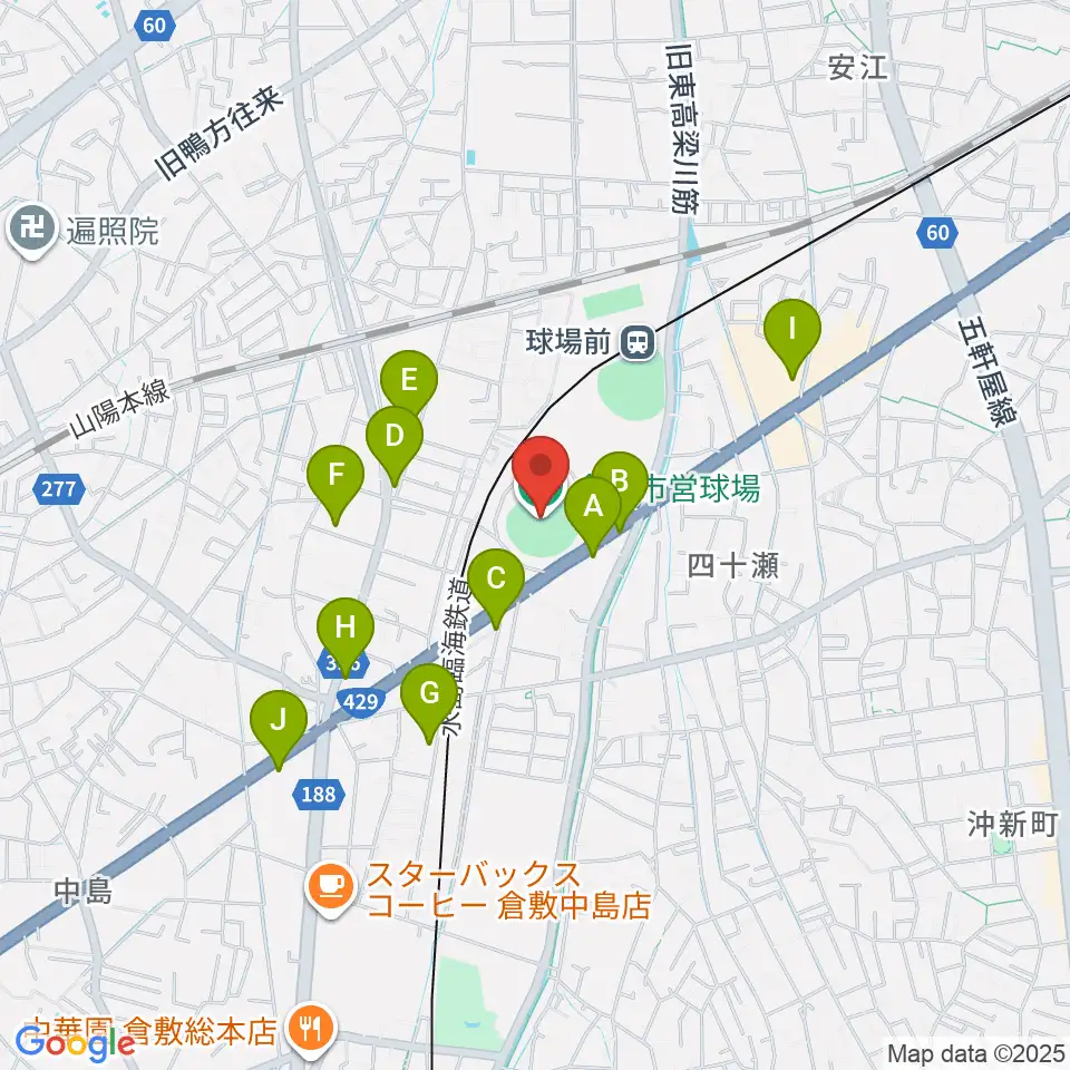 倉敷市営球場周辺のファミレス・ファーストフード一覧地図