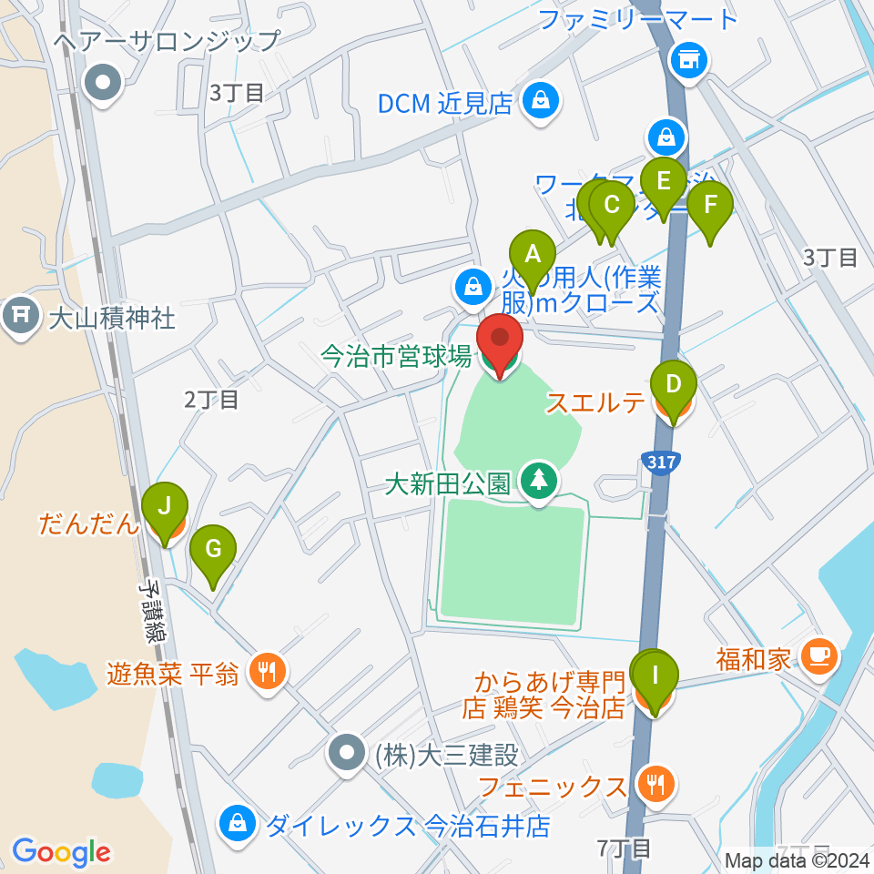 今治市営球場周辺のファミレス・ファーストフード一覧地図