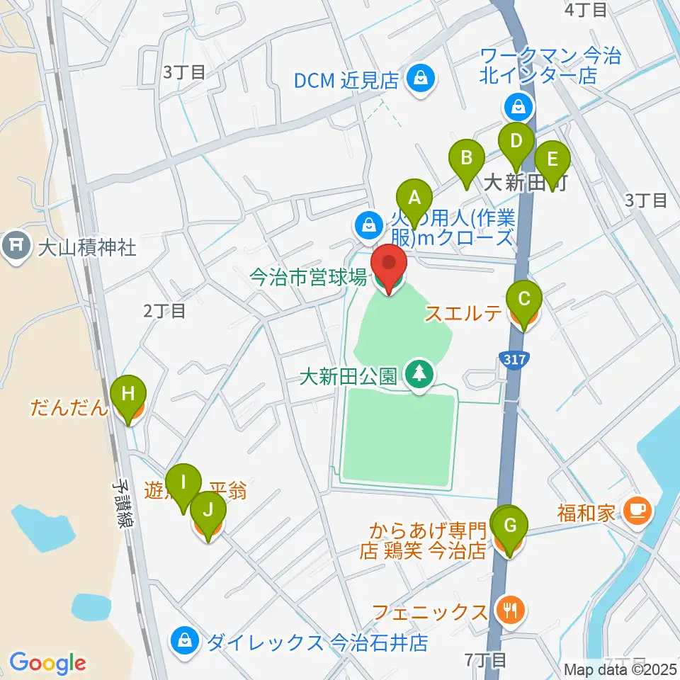 今治市営球場周辺のファミレス・ファーストフード一覧地図