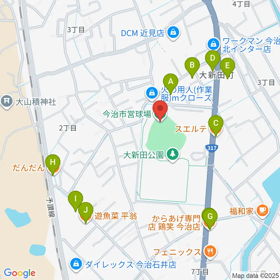 今治市営球場周辺のファミレス・ファーストフード一覧地図