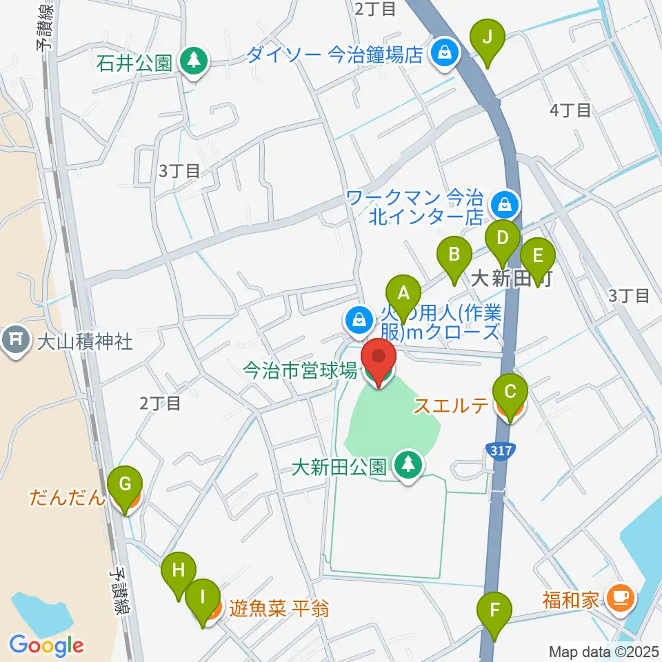 今治市営球場周辺のファミレス・ファーストフード一覧地図