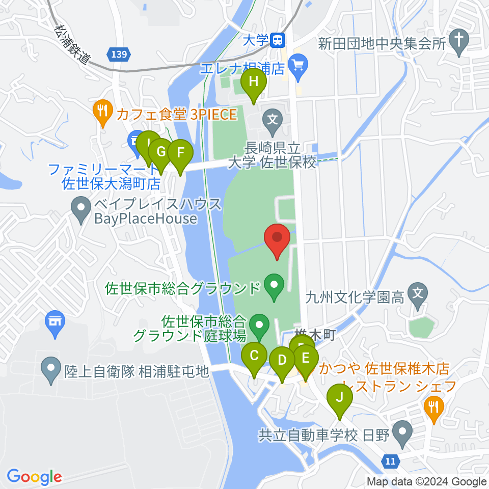 佐世保市総合グラウンド野球場周辺のファミレス・ファーストフード一覧地図