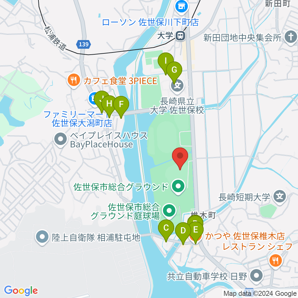 佐世保市総合グラウンド野球場周辺のファミレス・ファーストフード一覧地図