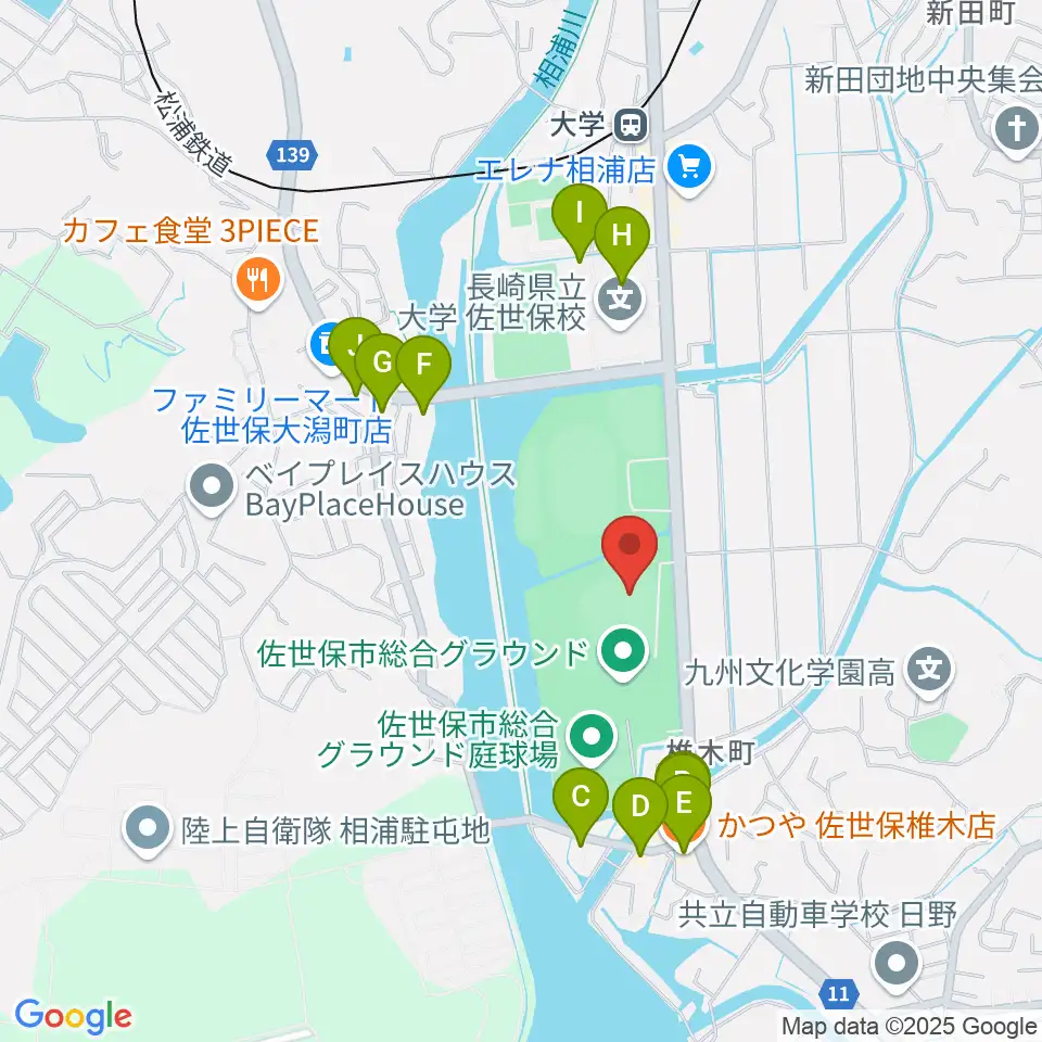 佐世保市総合グラウンド野球場周辺のファミレス・ファーストフード一覧地図
