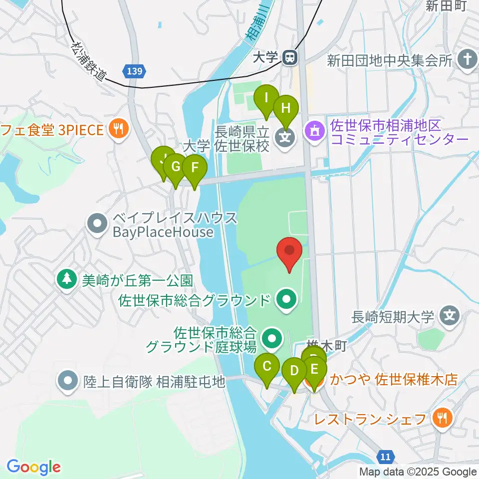 佐世保市総合グラウンド野球場周辺のファミレス・ファーストフード一覧地図