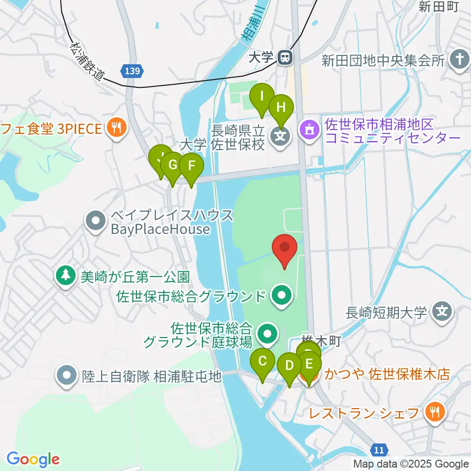 佐世保市総合グラウンド野球場周辺のファミレス・ファーストフード一覧地図