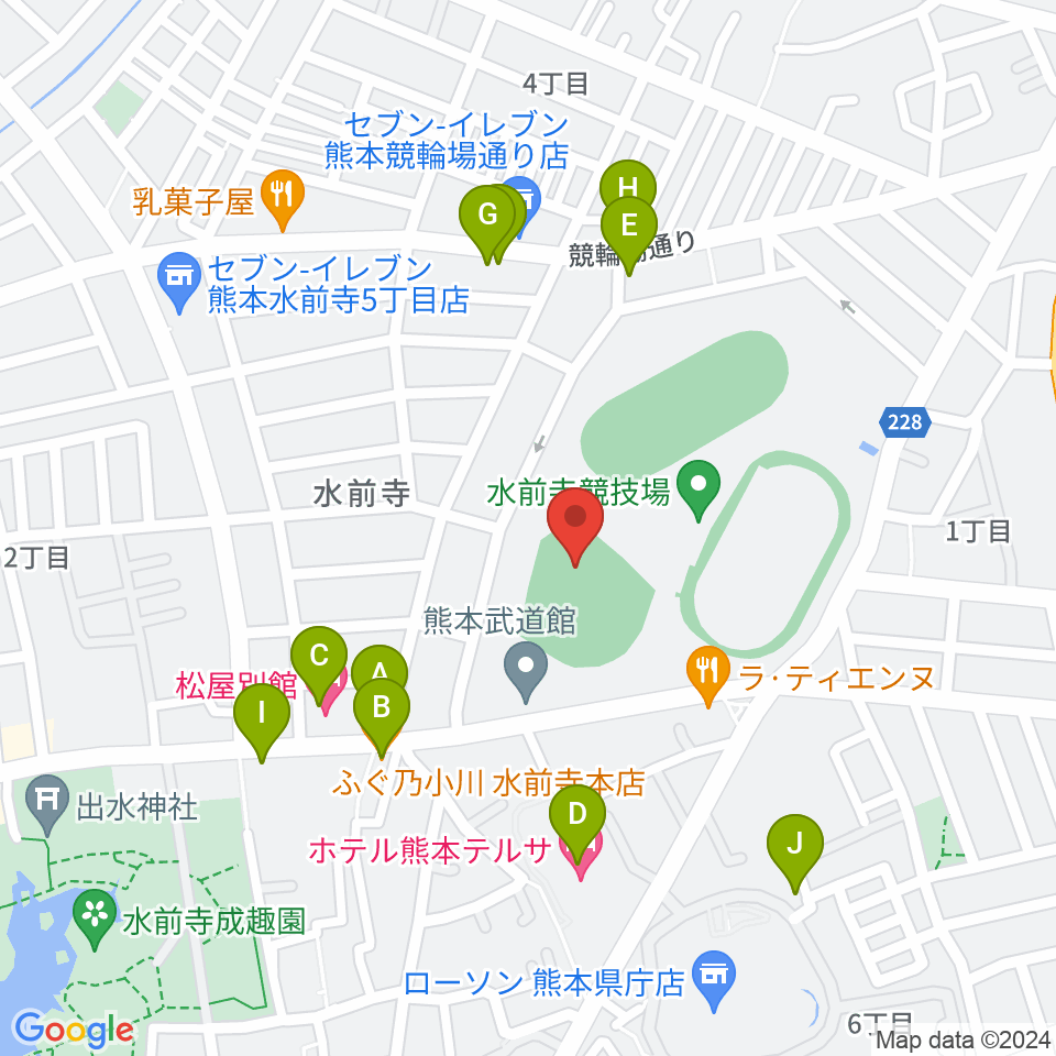 熊本市水前寺野球場周辺のファミレス・ファーストフード一覧地図