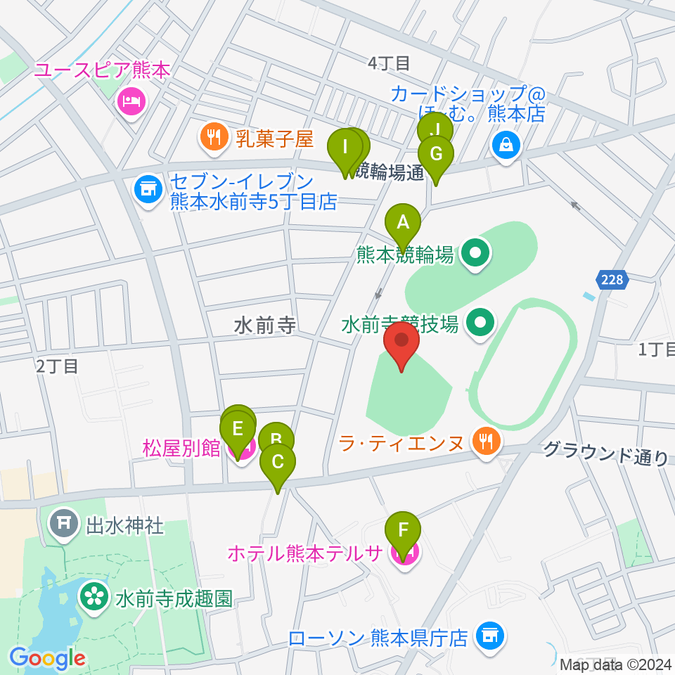 熊本市水前寺野球場周辺のファミレス・ファーストフード一覧地図