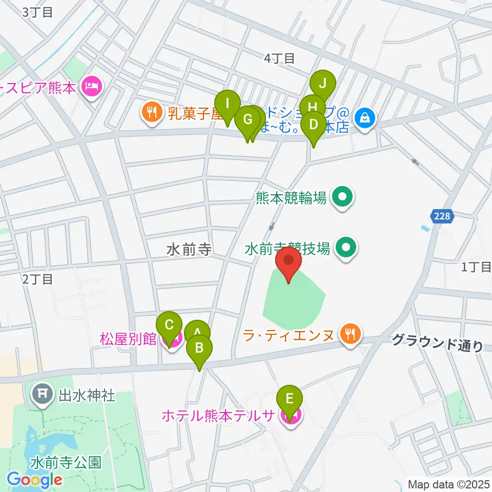熊本市水前寺野球場周辺のファミレス・ファーストフード一覧地図