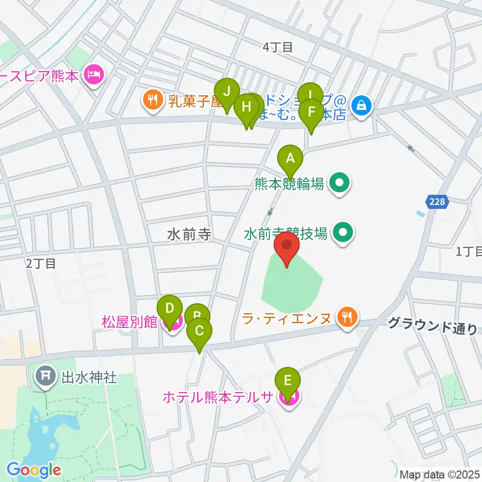 熊本市水前寺野球場周辺のファミレス・ファーストフード一覧地図