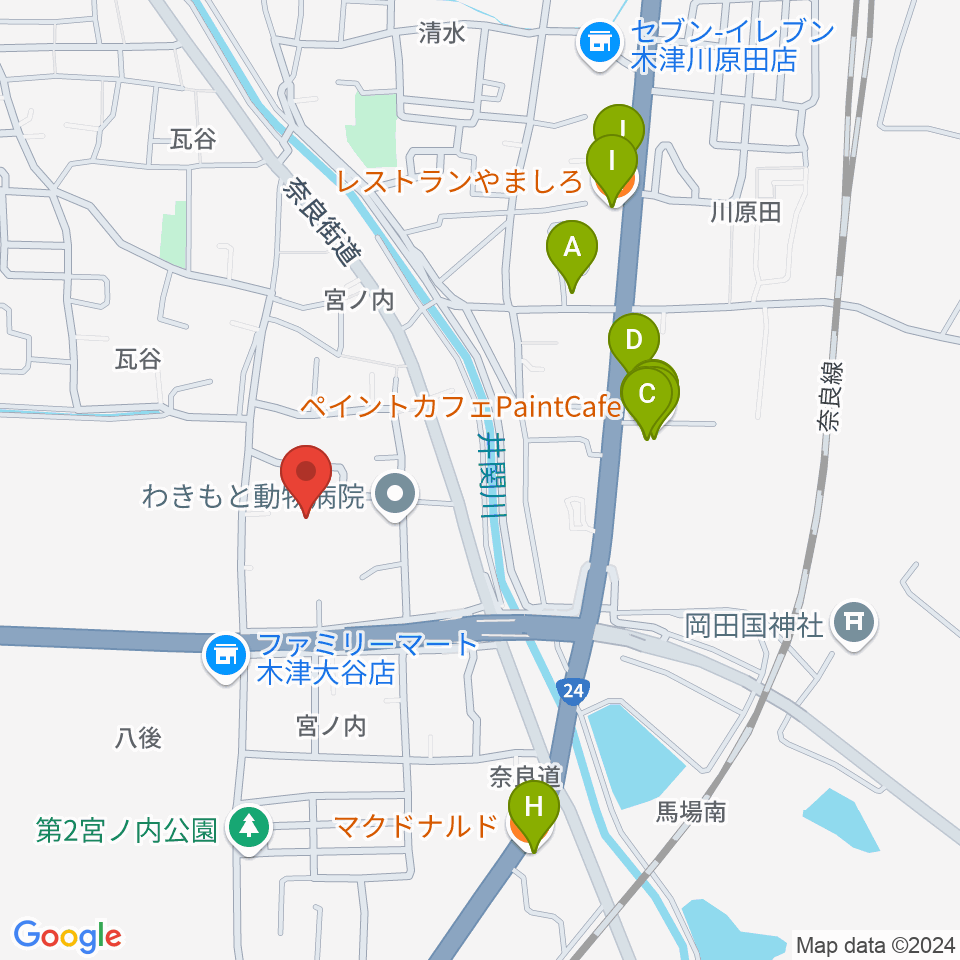 木津川市中央交流会館（いずみホール）周辺のファミレス・ファーストフード一覧地図