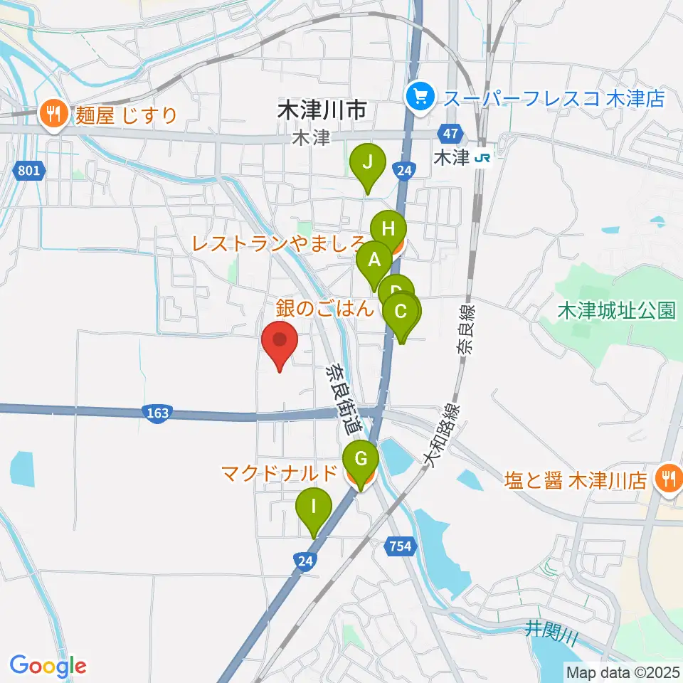 木津川市中央交流会館（いずみホール）周辺のファミレス・ファーストフード一覧地図