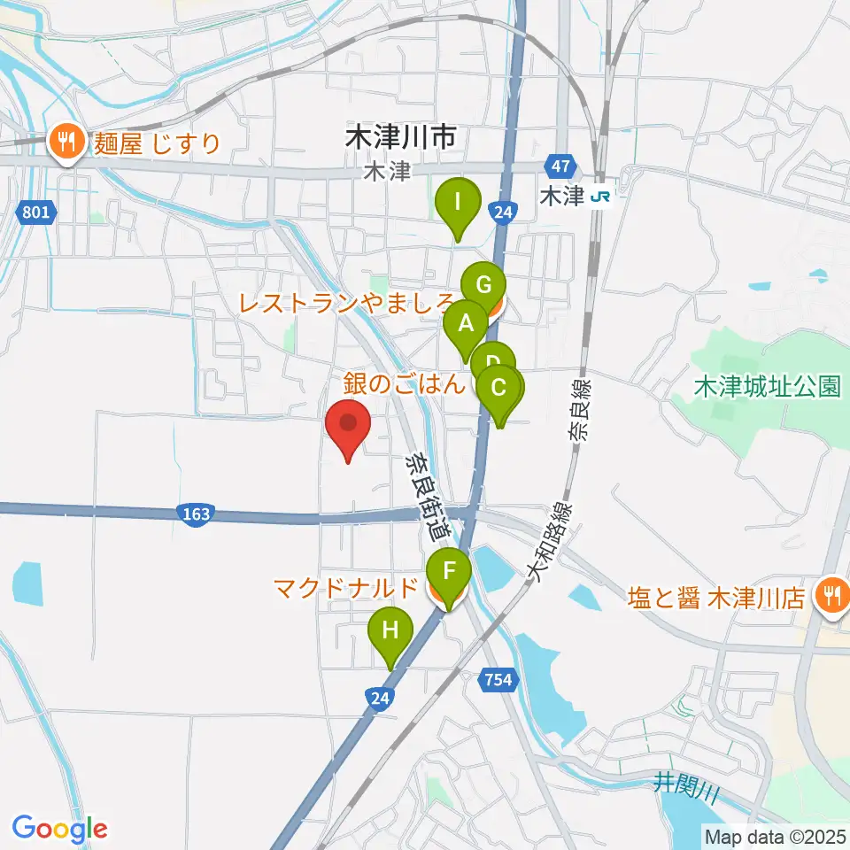 木津川市中央交流会館（いずみホール）周辺のファミレス・ファーストフード一覧地図