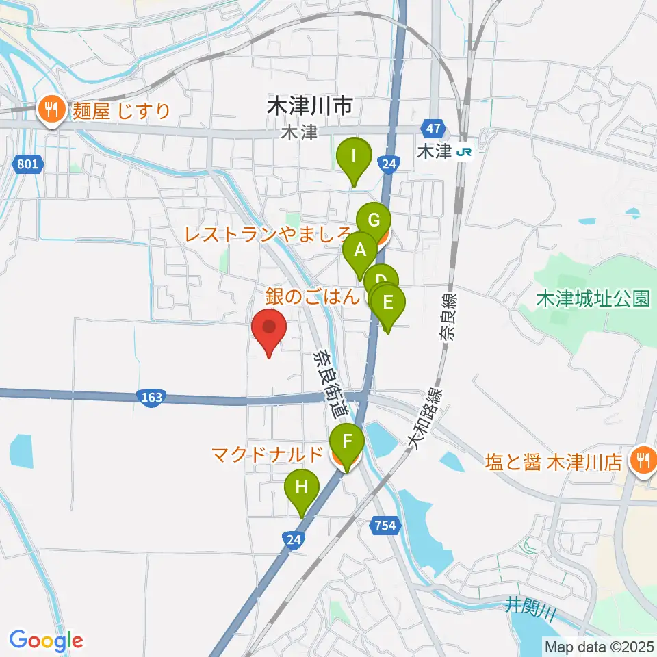 木津川市中央交流会館（いずみホール）周辺のファミレス・ファーストフード一覧地図