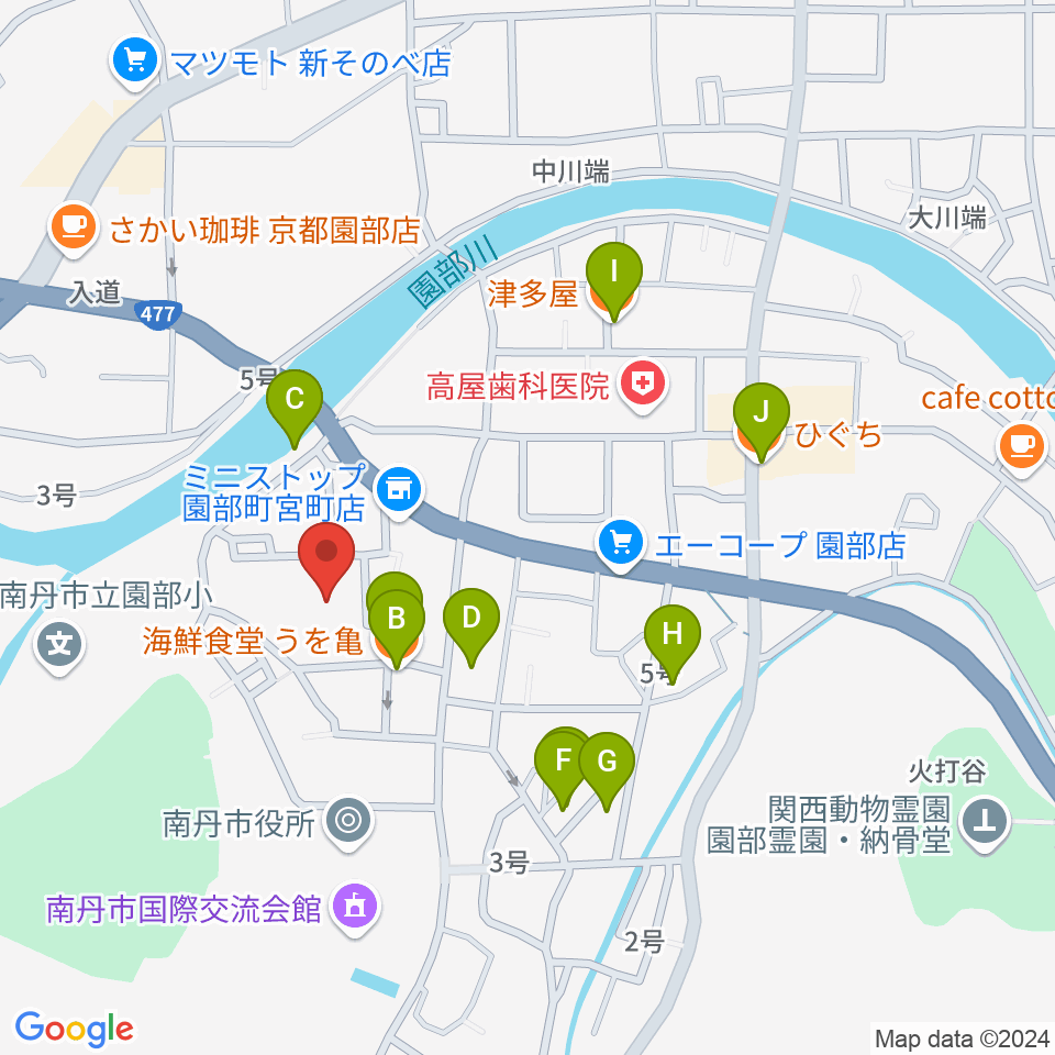 南丹市園部文化会館アスエルそのべ周辺のファミレス・ファーストフード一覧地図