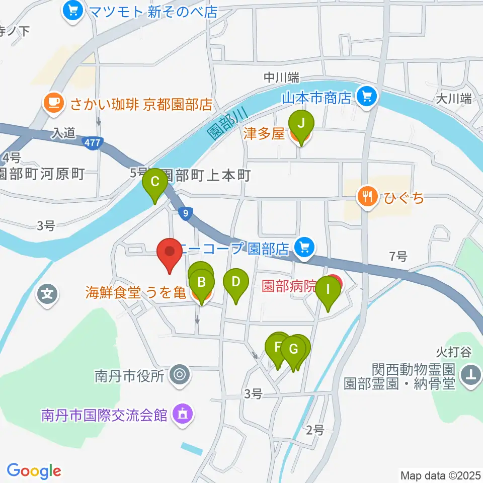南丹市園部文化会館アスエルそのべ周辺のファミレス・ファーストフード一覧地図