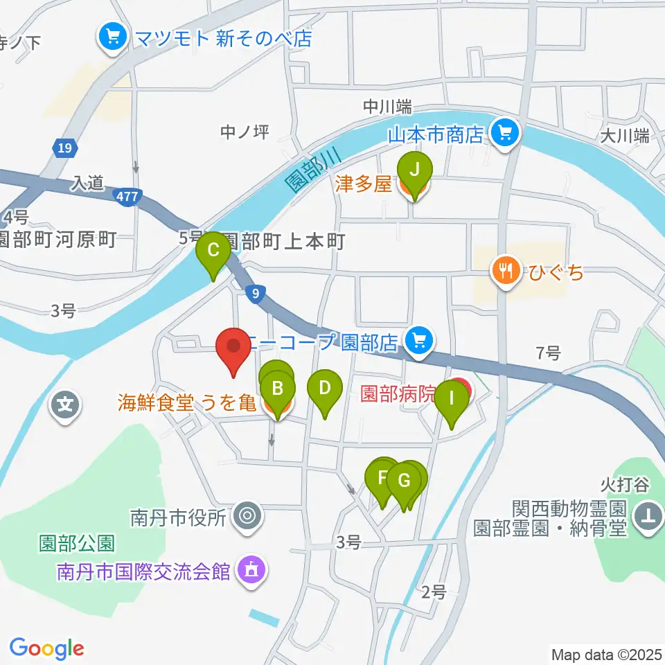 南丹市園部文化会館アスエルそのべ周辺のファミレス・ファーストフード一覧地図