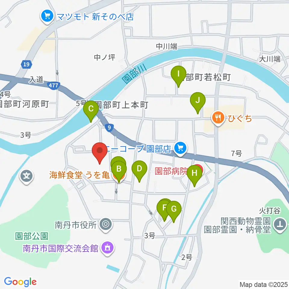 南丹市園部文化会館アスエルそのべ周辺のファミレス・ファーストフード一覧地図