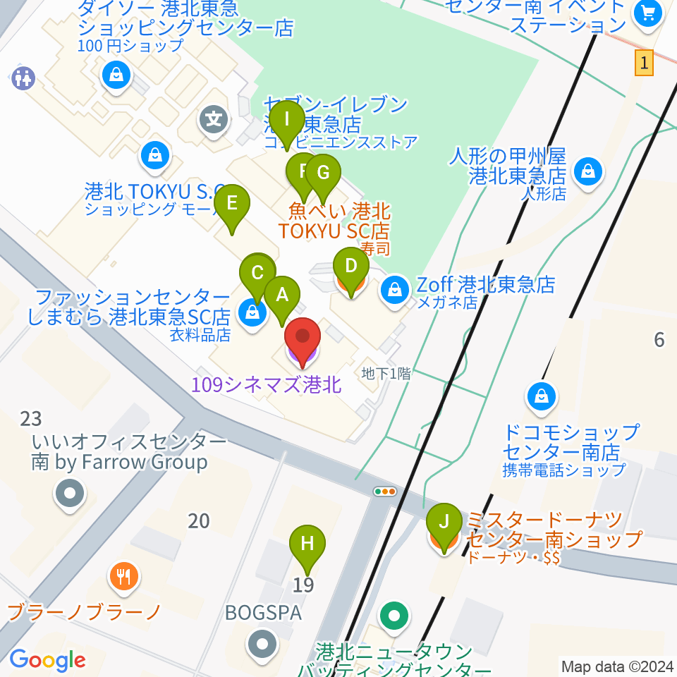 109シネマズ港北周辺のファミレス・ファーストフード一覧地図