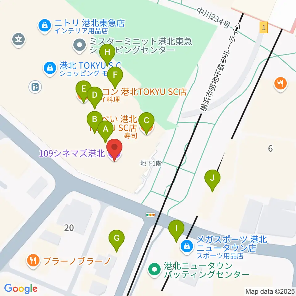 109シネマズ港北周辺のファミレス・ファーストフード一覧地図