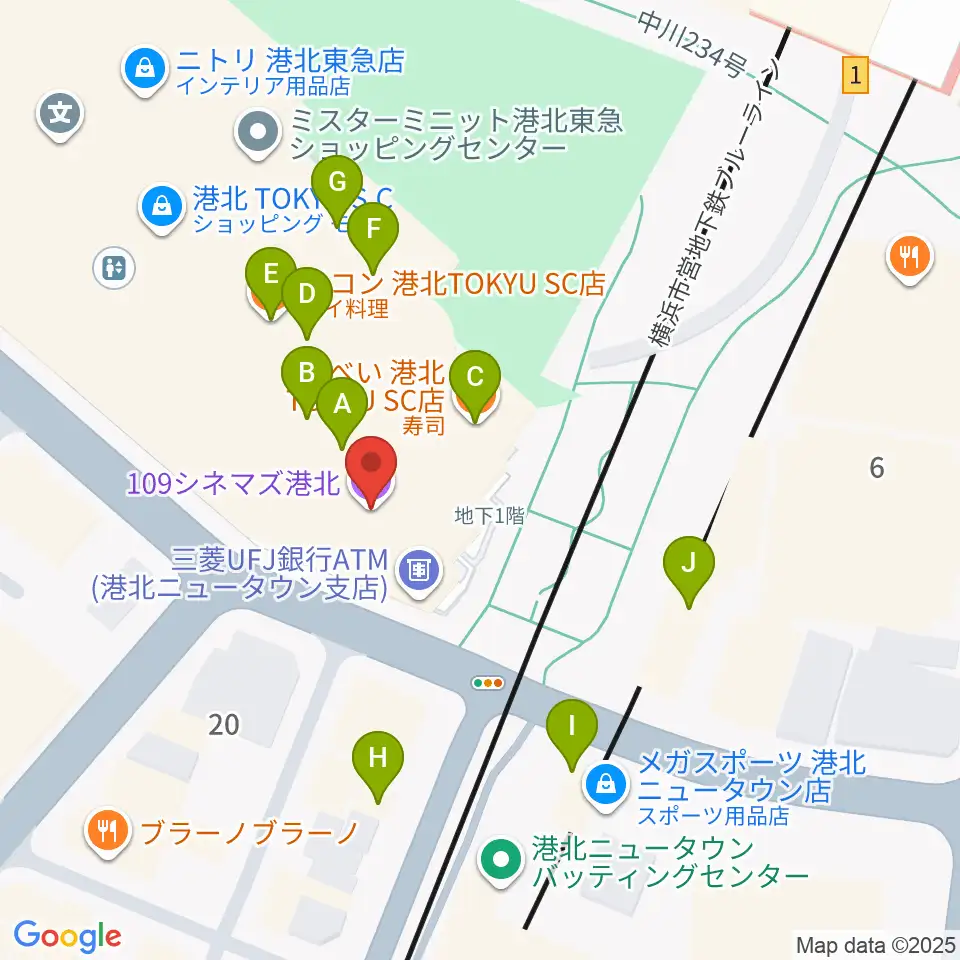 109シネマズ港北周辺のファミレス・ファーストフード一覧地図
