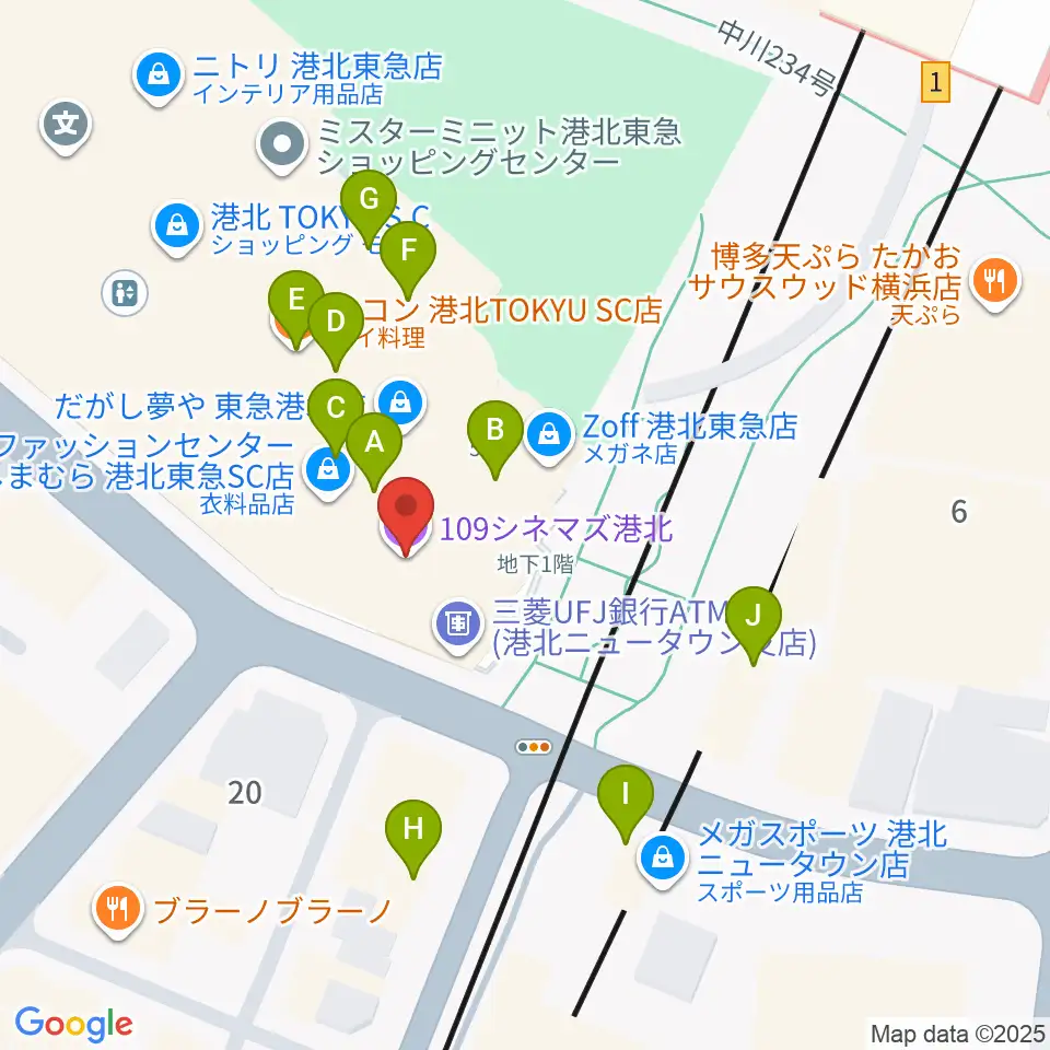109シネマズ港北周辺のファミレス・ファーストフード一覧地図