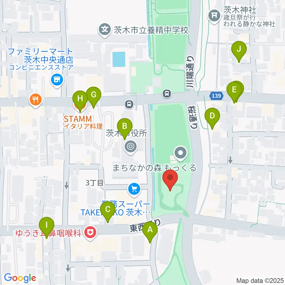 おにクル 茨木市文化子育て複合施設周辺のファミレス・ファーストフード一覧地図