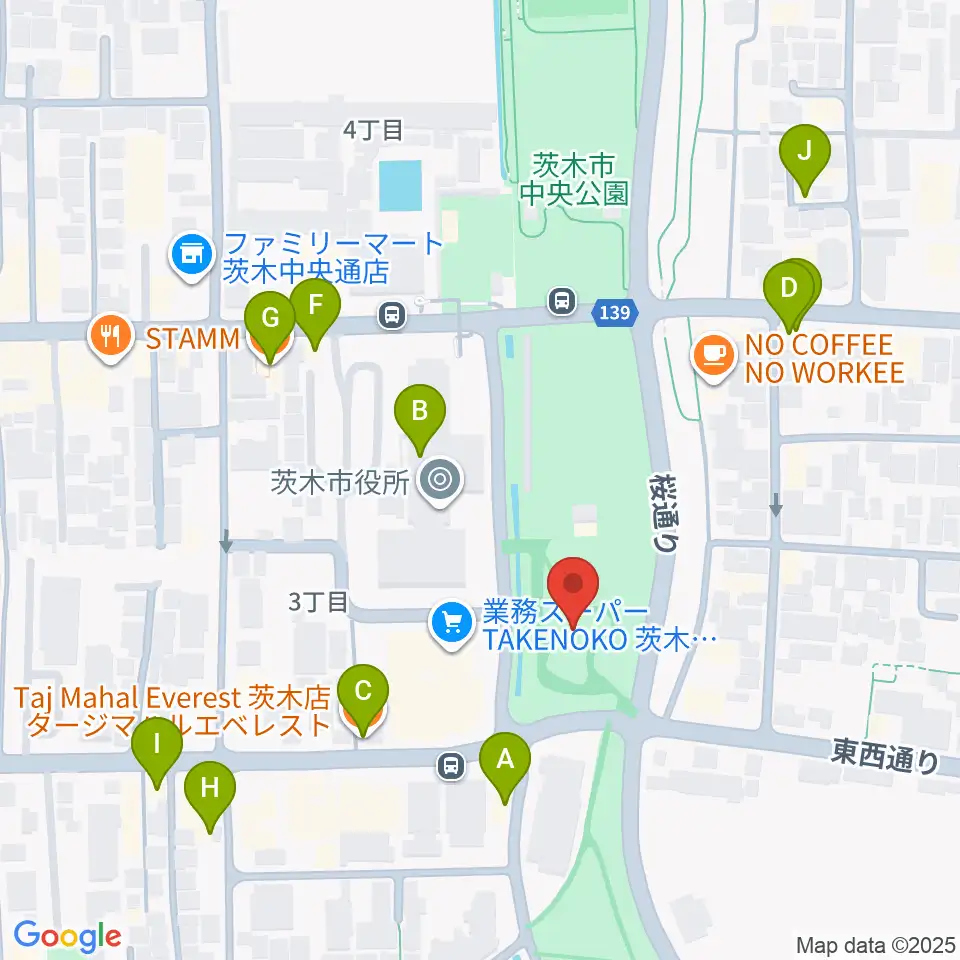 おにクル 茨木市文化子育て複合施設周辺のファミレス・ファーストフード一覧地図