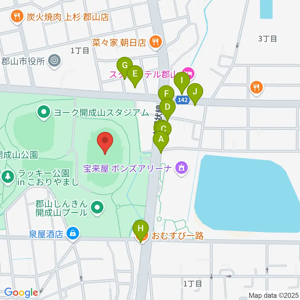郡山ヒロセ開成山陸上競技場周辺のファミレス・ファーストフード一覧地図
