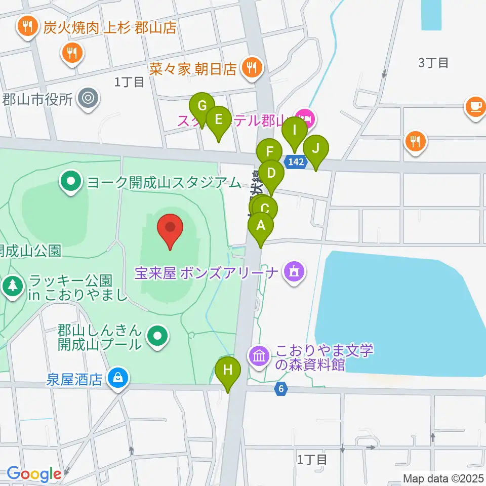 郡山ヒロセ開成山陸上競技場周辺のファミレス・ファーストフード一覧地図