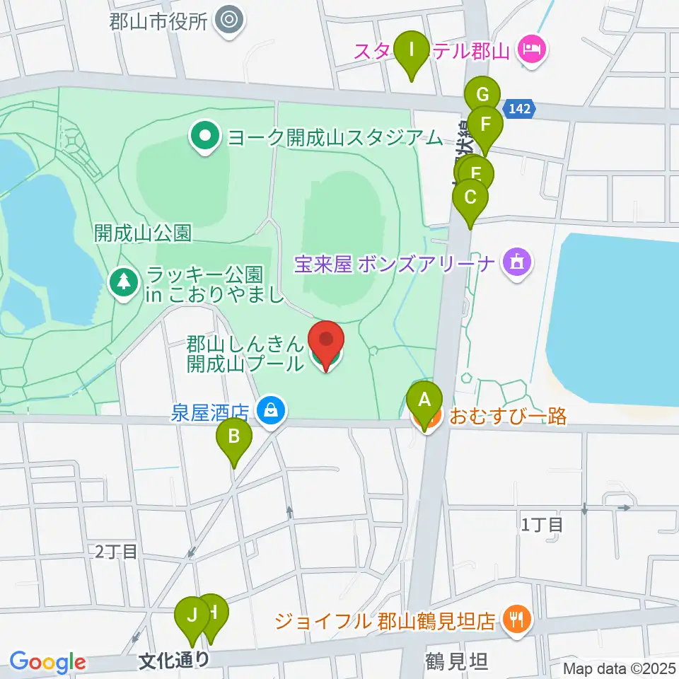 郡山しんきん開成山プール周辺のファミレス・ファーストフード一覧地図